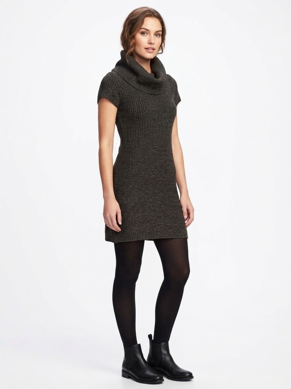 Pink Rose Petite Chunky Knit Cowl Neck Tunic Sweater Dress - Gray/Brown - PS